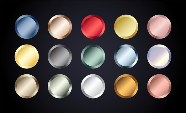 Metal chrome circle buttons set. Vector Metallic rose gold, bronze, silver, steel, holographic, golden badge. Foil shiny color design elements for background, web, apps
