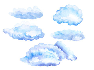 Blue white clouds set isolated on white background. Watercolor. Illustration. Template. Hand drawn. Greeting card design. Clip art.