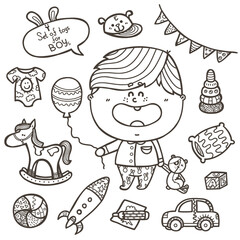 Vector illustration of doodle baby boy ornate  icons with little boy for babyshower