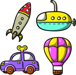  Vector illustration of funny icons set: doodle rocket, doodle car, doodle submarine and hot air balloon.Good for baby shower and baby boy sticker