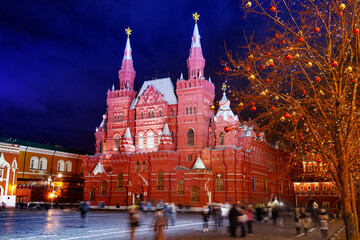 Fototapeta premium Historical museum in Moscow, Russia on red square with Christmas decorations
