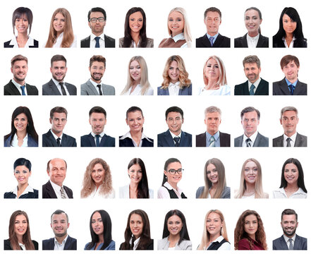 collage of portraits of successful employees isolated on white