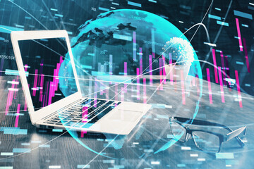 Multi exposure of forex graph and work space with computer. Concept of international online trading.