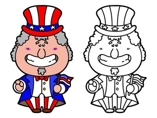 Vector illustration coloring page of happy cartoon Uncle Sam which is holding American flag for children and scrap book
