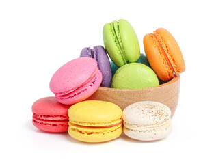 Fototapeta na wymiar Colorful macarons cake or macaroons isolated on white background with clipping path, Small French cakes.