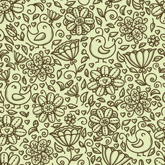 Cute vintage floral seamless pattern with birds.