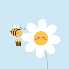 Daisy flower and bee cartoon on blue background vector illustration. Cute cartoon character.
