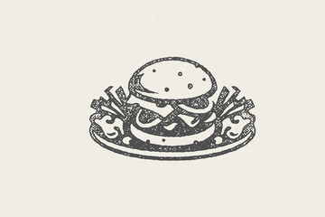 Vector image of burger and fries on plate