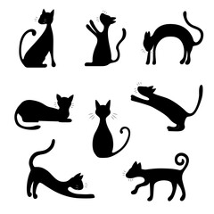 Silhouette Black Characters Cat Icon Set. Vector