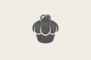 Silhouette of retro emblem of cupcake with cream as symbol for bakery hand drawn stamp effect vector illustration.