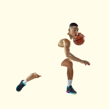 Basketball player. Young asian sportsman isolated on studio background, modern artwork. Healthy lifestyle, movement, action, motion, advertising and sports concept. Abstract trendy design.