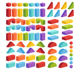 Set of constructor from childrens blocks of different colors and shapes. Parts for building a tower or castle