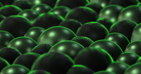 Rotating Shiny Green Metal Balls Spheres. Abstract Background. Digital Motion Graphics. 3D Illustration Render