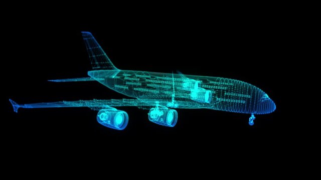 Blue particle and lines form mesh Airplane. Bright animation on dark blue background.