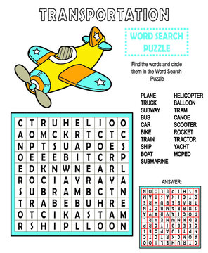 Vector illustration of word search puzzle with transportation and answer
