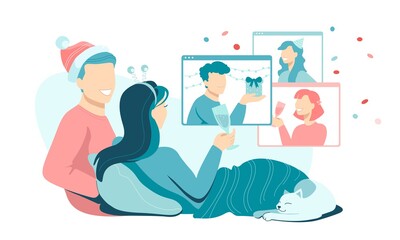 Young couple greeting their friends arranging a Christmas party online. Celebrating winter holidays remotely amid the coronavirus pandemic. New normal daily life realities vector illustration.