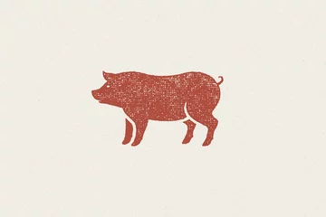 Fotobehang Red pig silhouette for meat industry or farmers market hand drawn stamp effect vector illustration. © provectors