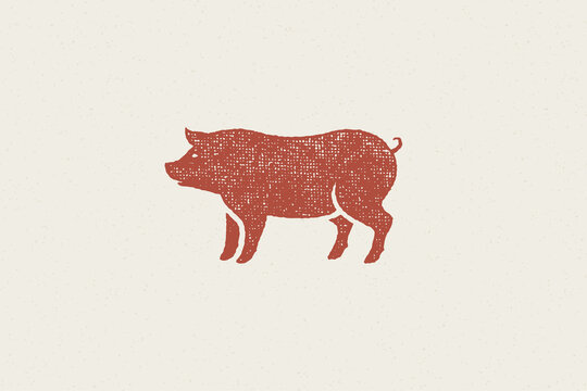 Red pig silhouette for meat industry or farmers market hand drawn stamp effect vector illustration.