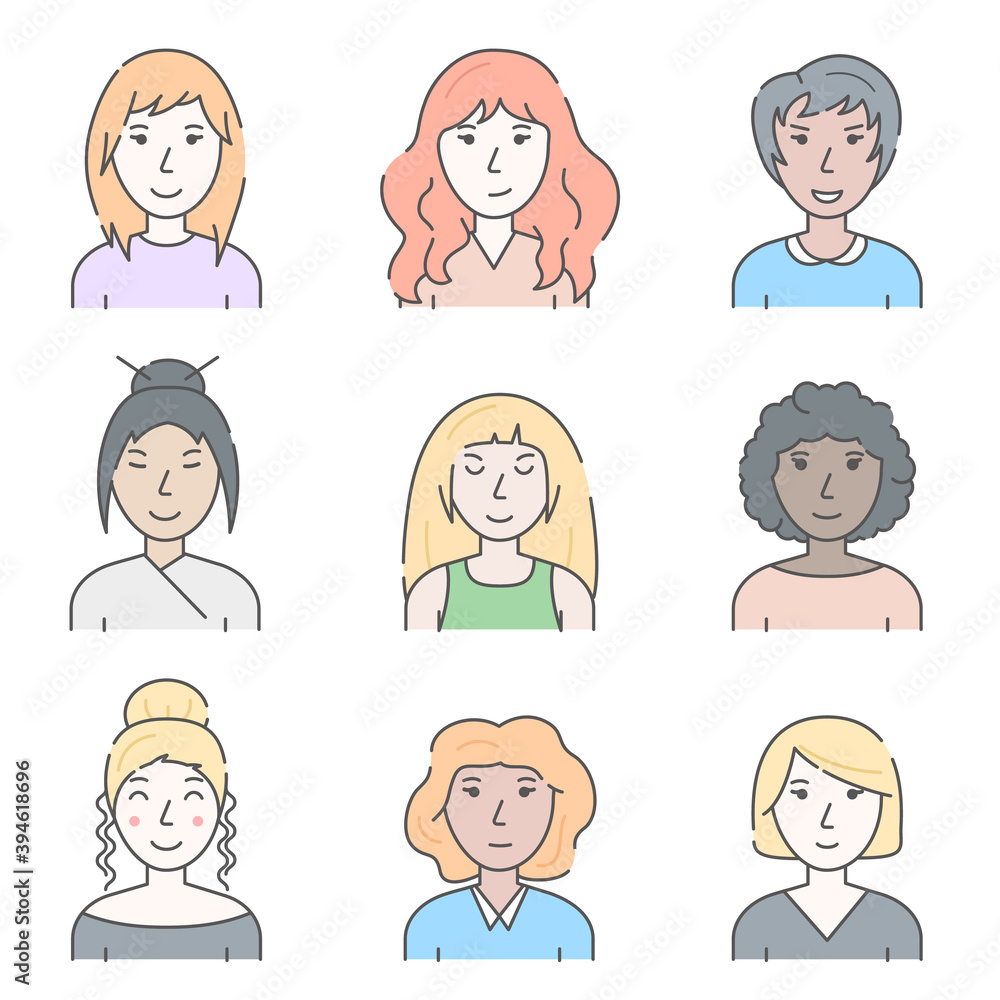 Poster Color Character People Woman Concept Contour Linear Style. Vector