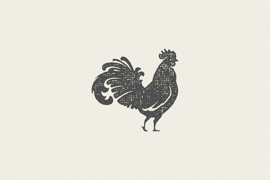 Rooster silhouette for poultry farm industry hand drawn stamp effect vector illustration.