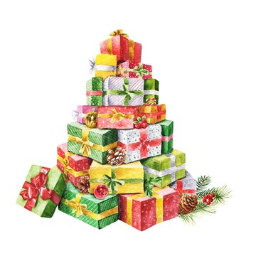 Watercolor christmas gift boxes pyramid on white background. Hand drawn watercolour winter season illustration.