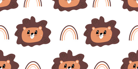 Seamless background with lion head and rainbow. Decorative cute wallpaper for the nursery in the Scandinavian style. Suitable for children's clothing, interior design, packaging, printing.