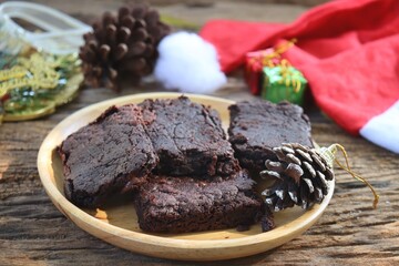 Christmas decorations and chocolate brownies cake