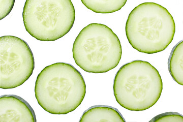 Slices of cucumber isolated on white background. Texture.