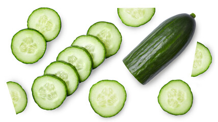 A set of cucumber. Sliced cucumber isolated on white background. Top view.