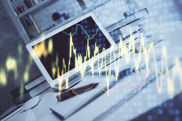 Forex Chart hologram on table with computer background. Double exposure. Concept of financial...