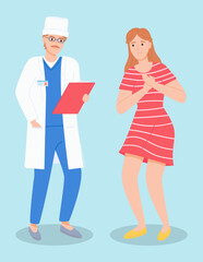 Fototapeta na wymiar Mustachioed male doctor with clipboard in his hands communicates with worried or upset patient woman in striped dress. Therapist consultation. Bad medical tests. Disease progression. Flat image