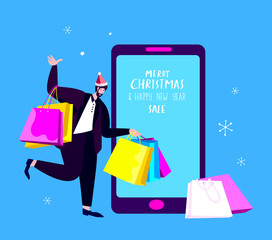 Man in Santa Hat Take Huge Gifts Boxes Present in Smartphone Screen.Christmas Online Shopping Purchasing Application.Happy New Year,Christmas.Internet Post.Congratulate Online Flat Vector illustration