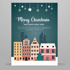 Merry Christmas, Happy New Year greeting card with text. Winter night townscape with houses and moon illustration.