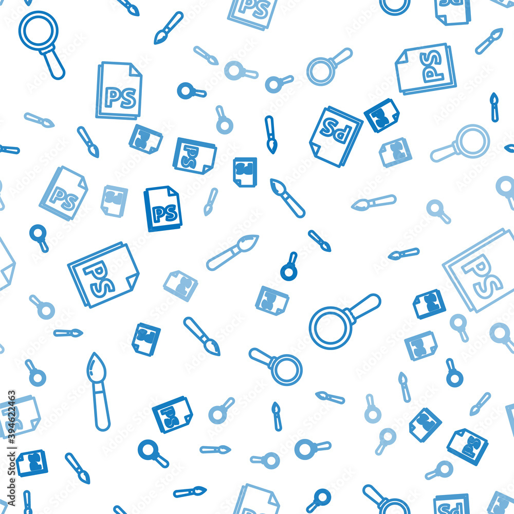 Poster set line paint brush, magnifying glass and ps file document on seamless pattern. vector.