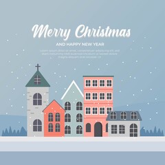 Merry Christmas, Happy New Year greeting card with text. Winter townscape with houses and snow