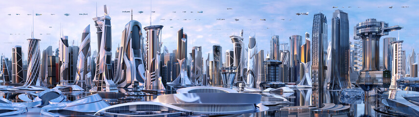 Future city skyline panorama 3D scene. Futuristic cityscape creative concept illustration: skyscrapers, towers, tall buildings, flying vehicles. Panoramic urban view of megapolis town, sky background - obrazy, fototapety, plakaty