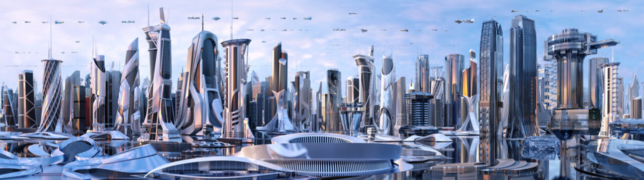 Future city skyline panorama 3D scene. Futuristic cityscape creative concept illustration: skyscrapers, towers, tall buildings, flying vehicles. Panoramic urban view of megapolis town, sky background