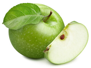 Ripe Green Apple with green leaves isolated on white background. Apple with clipping path. Apple stack full depth of field macro shot. High End Retouching