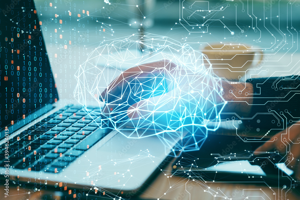Poster Hands using laptop with digital brain interface.