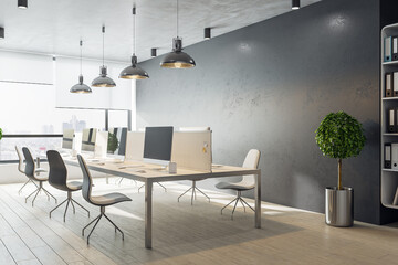 Panoramic office hall with rows of computer tables