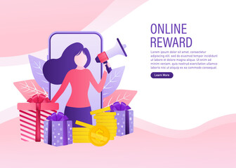 Online reward Vector flat design. Flat isometric vector illustration. Group of happy people receive a gift box illustration concept.