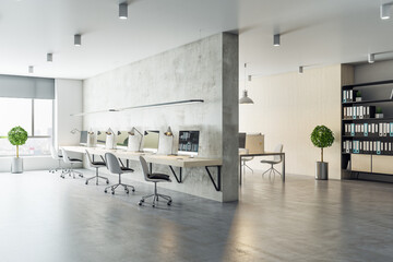 Modern coworking office interior with equipment