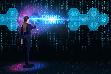 Business, Technology, Internet and network concept. Young businessman working on a virtual screen of the future and sees the inscription: Online training
