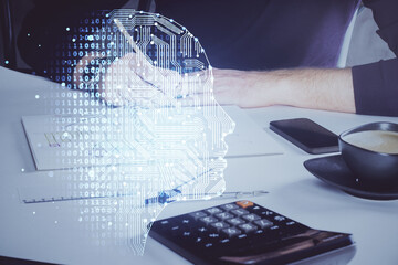 Haman brain multi exposure icon with man hands background.