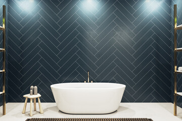 Bathroom interior with white bath and empty wall.