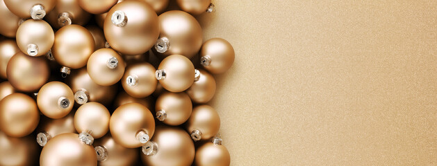 Christmas decorations, top view of pile of glass balls colored in champagne, isolated on beige background, useful as a greeting gift card template