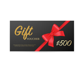 Greeting card. Vintage Coupon ticket card. ribbon banner with golden gift voucher on gold background for concept design. Vector design template. Gift voucher.