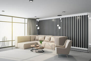 Front view of modern interior with sofa and city view.