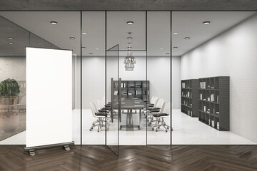 Modern meeting room interior with empty billboard