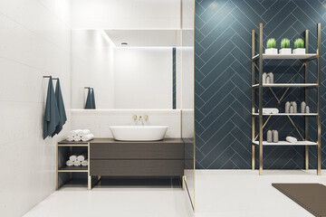 Clean turquoise bathroom interior with bath